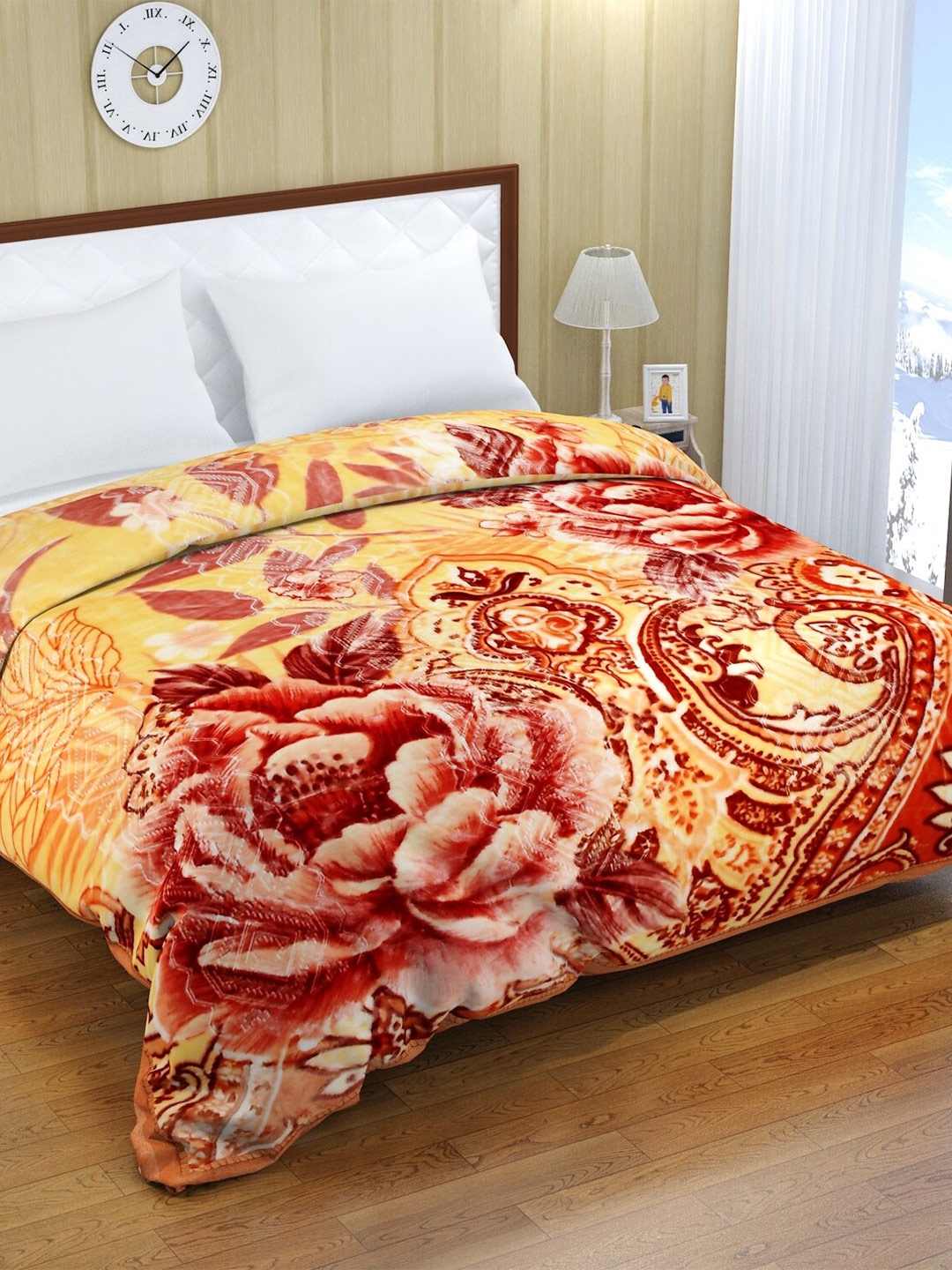 

Florida Mustard & Red Floral Mink Heavy Winter 900 GSM Double Bed Blanket