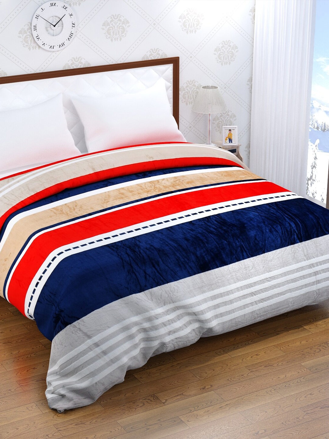 

Florida White & Red Striped Mink Mild Winter 500 GSM Double Bed Blanket, Grey