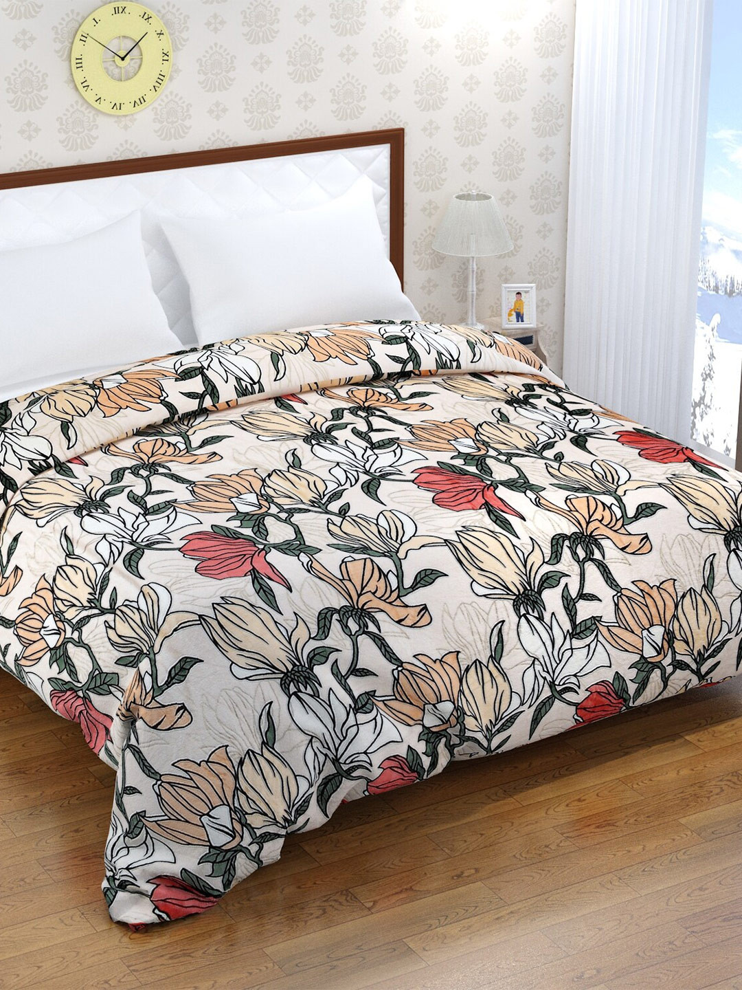 

Florida Off White & Red Floral Mink Mild Winter 500 GSM Double Bed Blanket