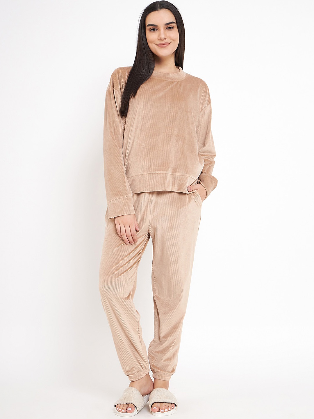 

Camey Self Design Pullover With Jogger Night suit, Beige