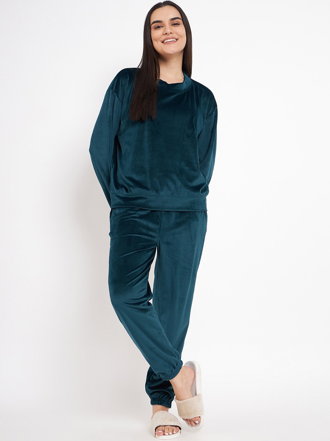 

Camey Self Design Pullover With Jogger Night suit, Teal