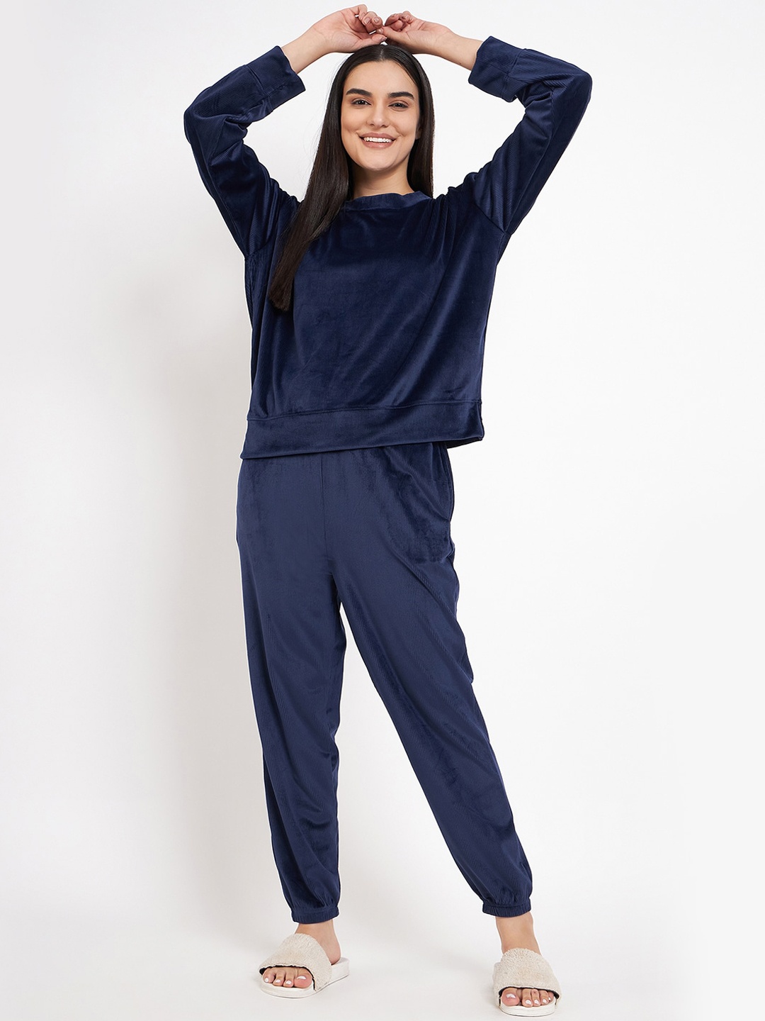

Camey Self Design Pullover With Jogger Night suit, Navy blue