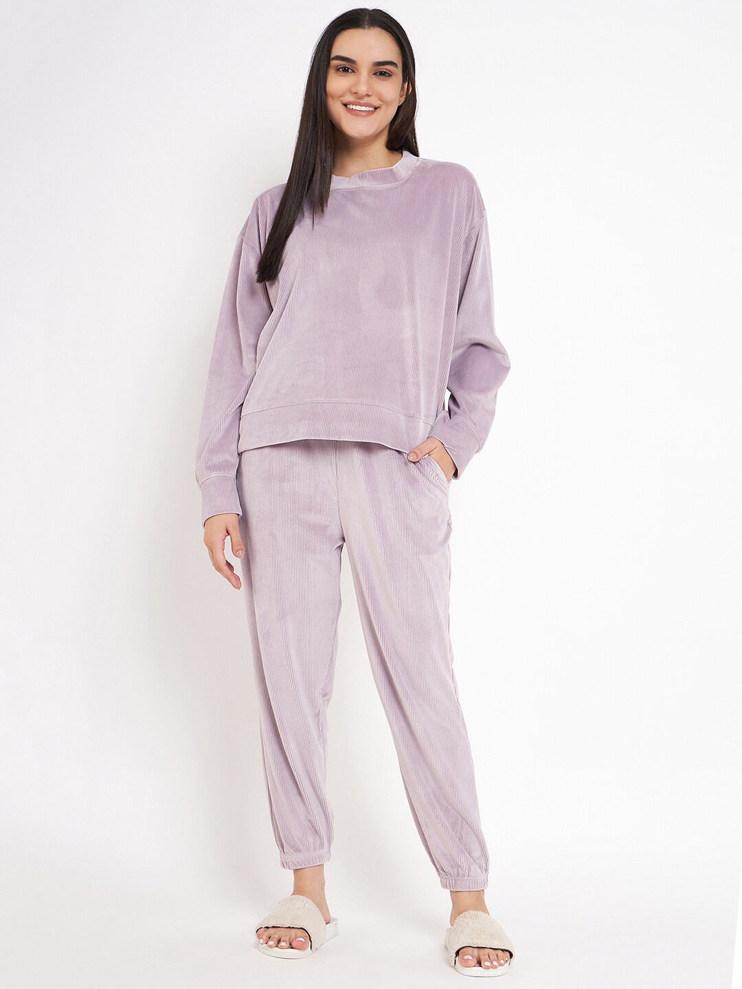 

Camey Self Design Pullover With Jogger Night suit, Lavender