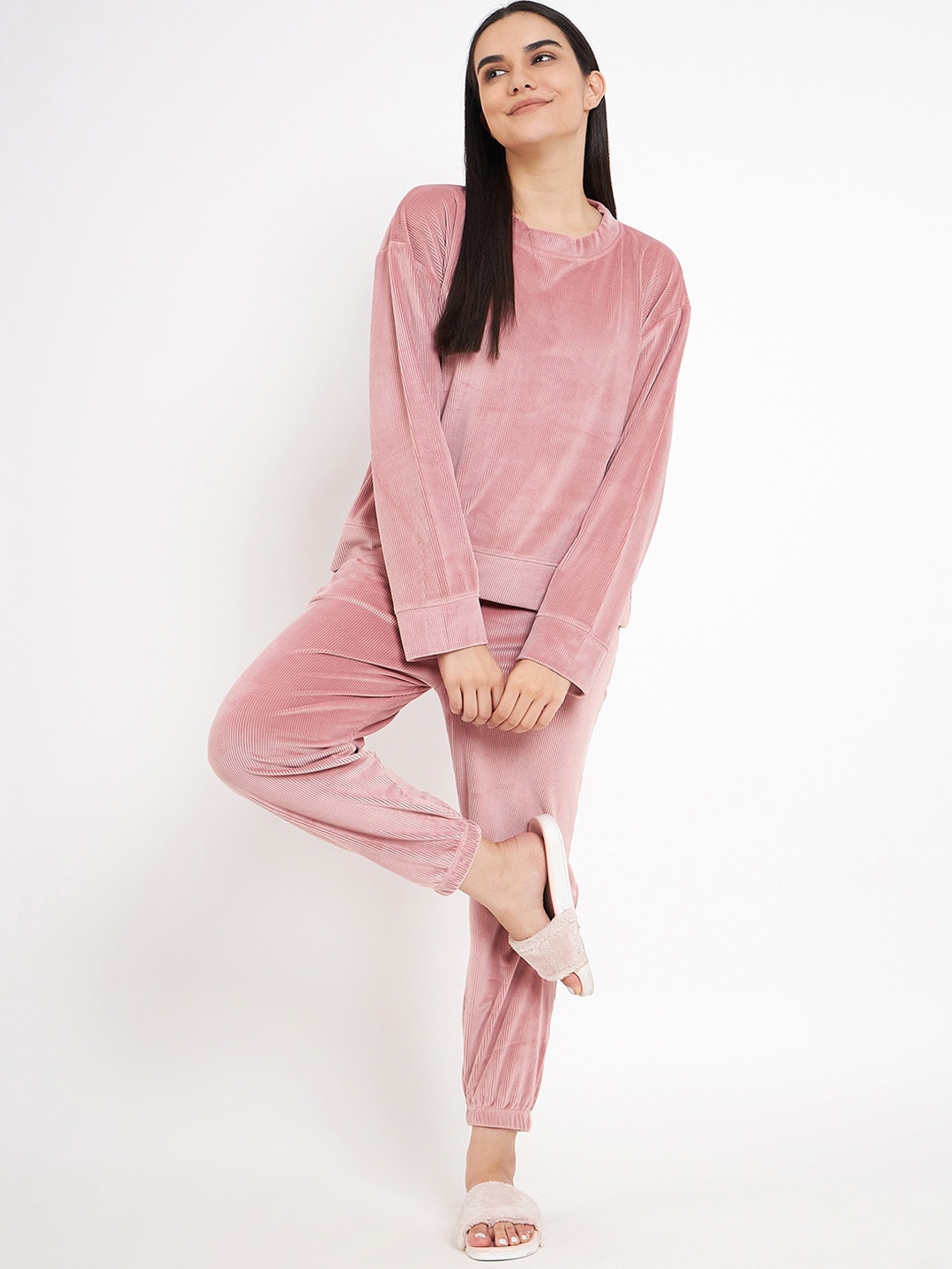 

Camey Self Design Pullover With Jogger Night suit, Pink