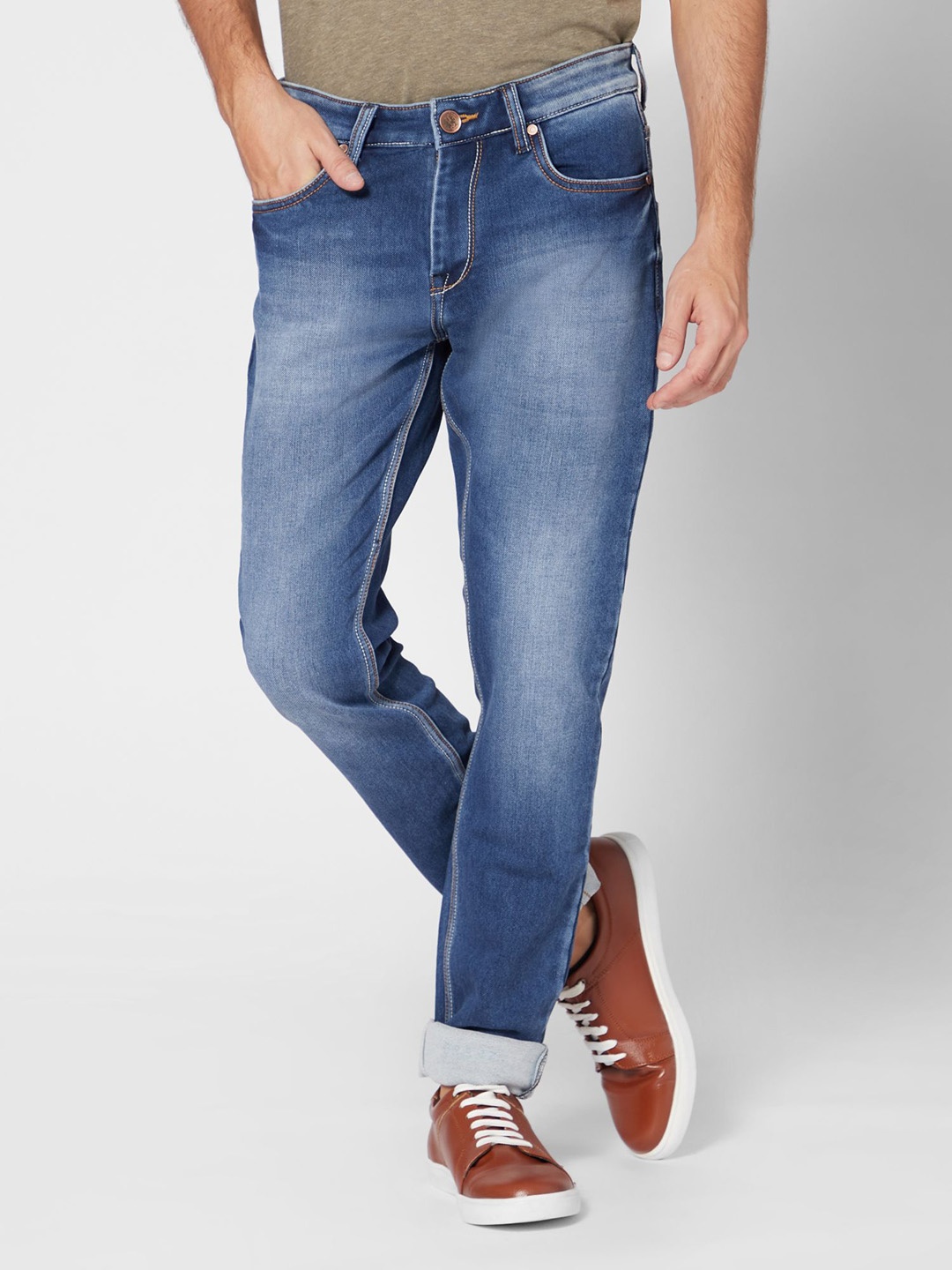 

ROCKING SWAMY Men Slim Fit Light Fade Clean Look Cotton Jeans, Blue