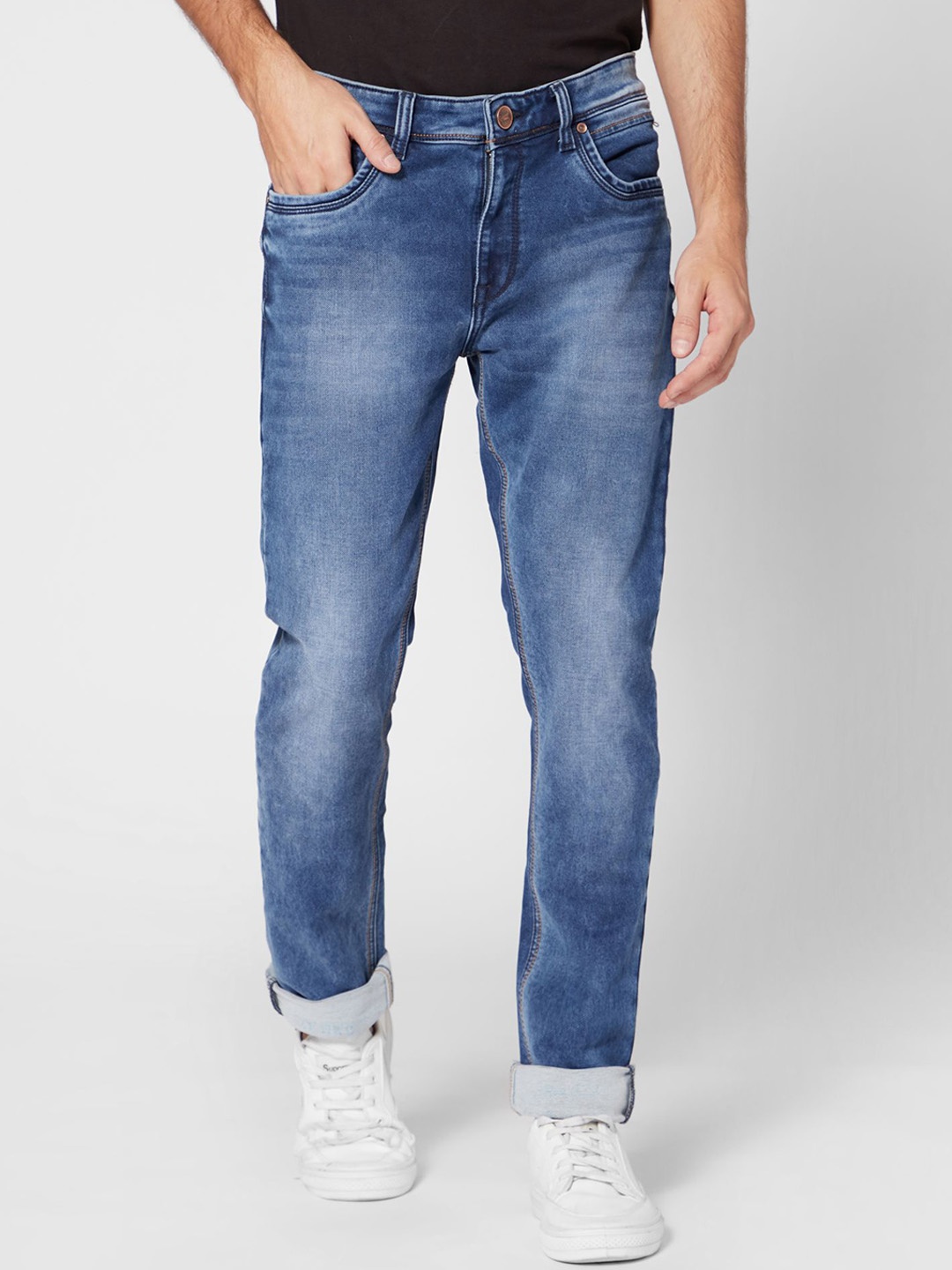 

ROCKING SWAMY Men Slim Fit Light Fade Clean Look Cotton Jeans, Blue
