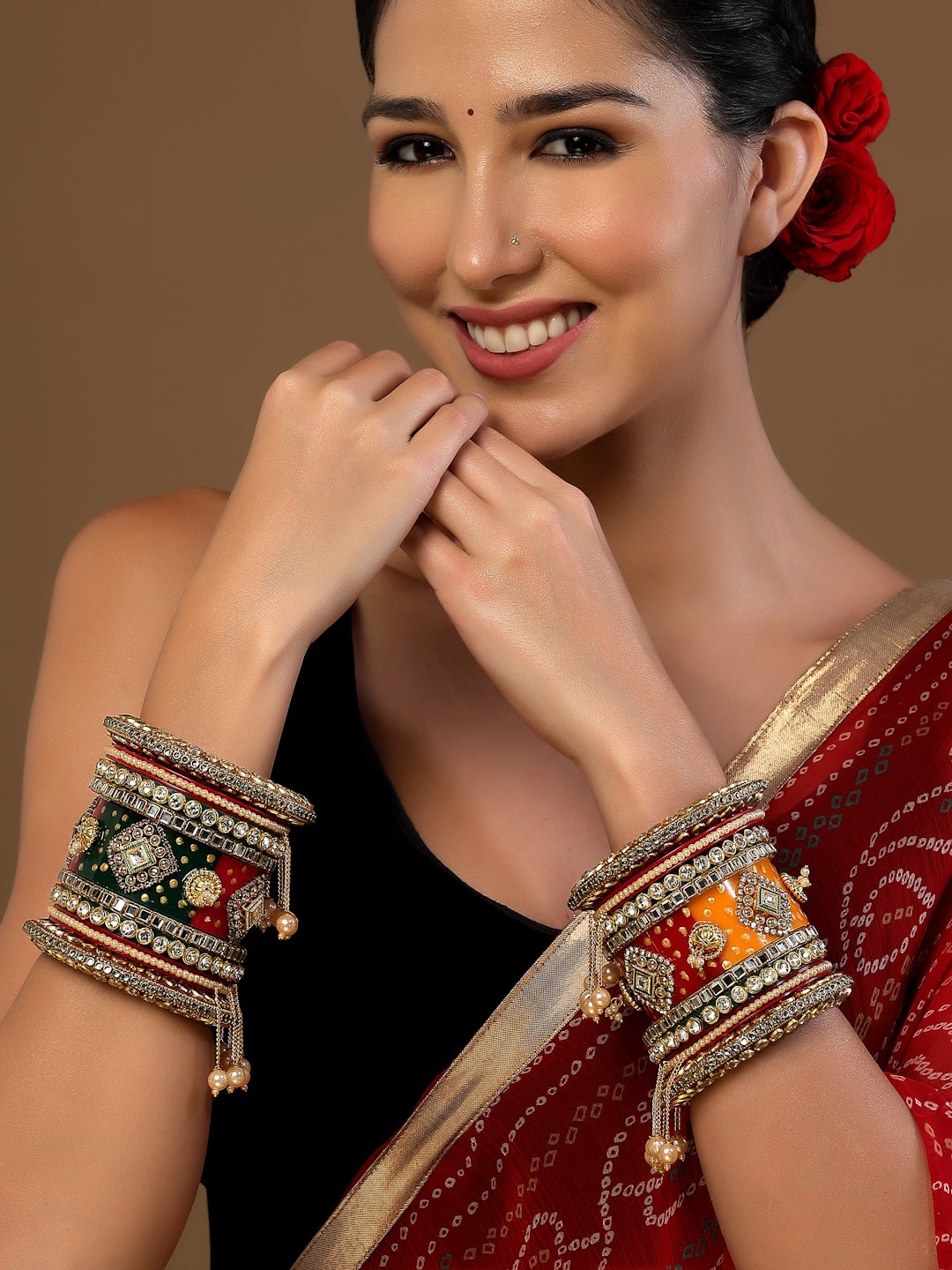 

PANASH Set Of 18 Gold-Plated Stones Studded & Pearls Beaded Bangles Chuda Set