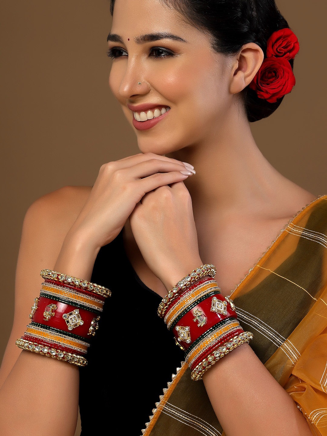 

PANASH Set Of 38 Gold-Plated Red CZ & Pearl Studded Bangles Chuda Set