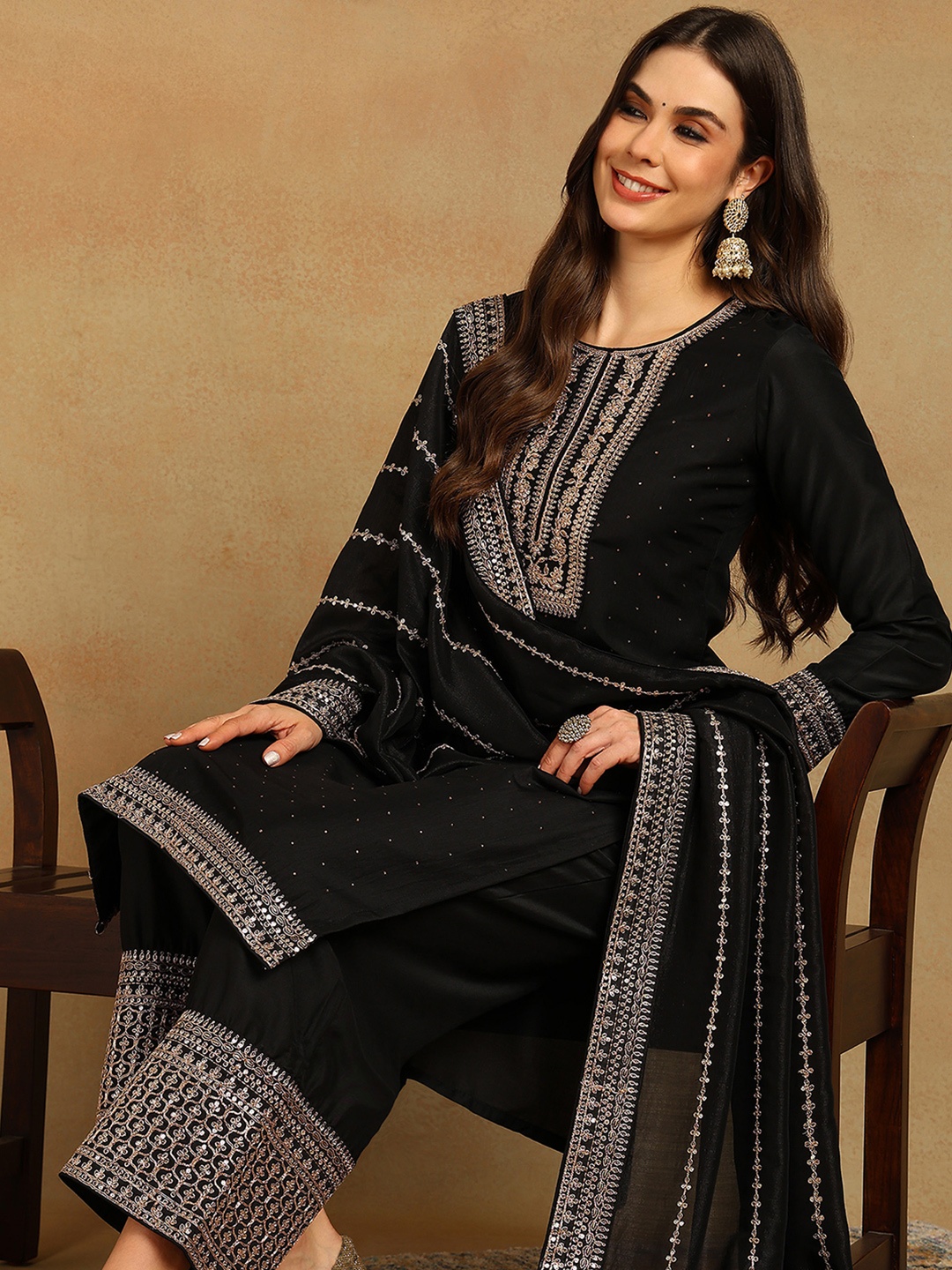 

AHIKA Embroidered Regular Kurta With Palazzos & With Dupatta, Black