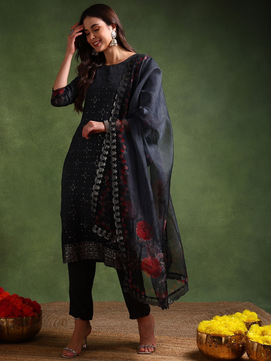 

AHIKA Geometric Embroidered Sequinned Organza Straight Kurta with Trouser & Dupatta, Black