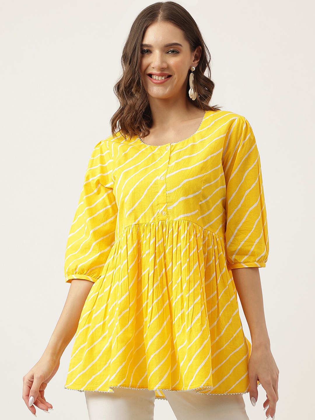 

KALINI Striped Puff Sleeves Cotton Peplum Top, Yellow