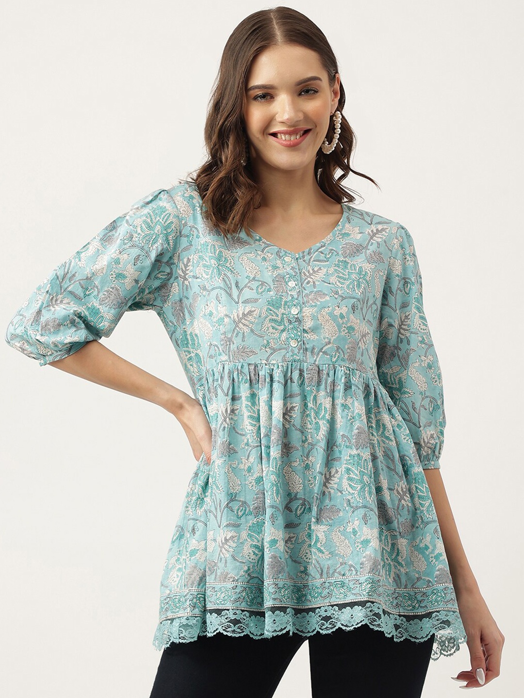 

KALINI Floral Printed V-Neck Puff Sleeves Gathered Cotton A-Line Top, Blue