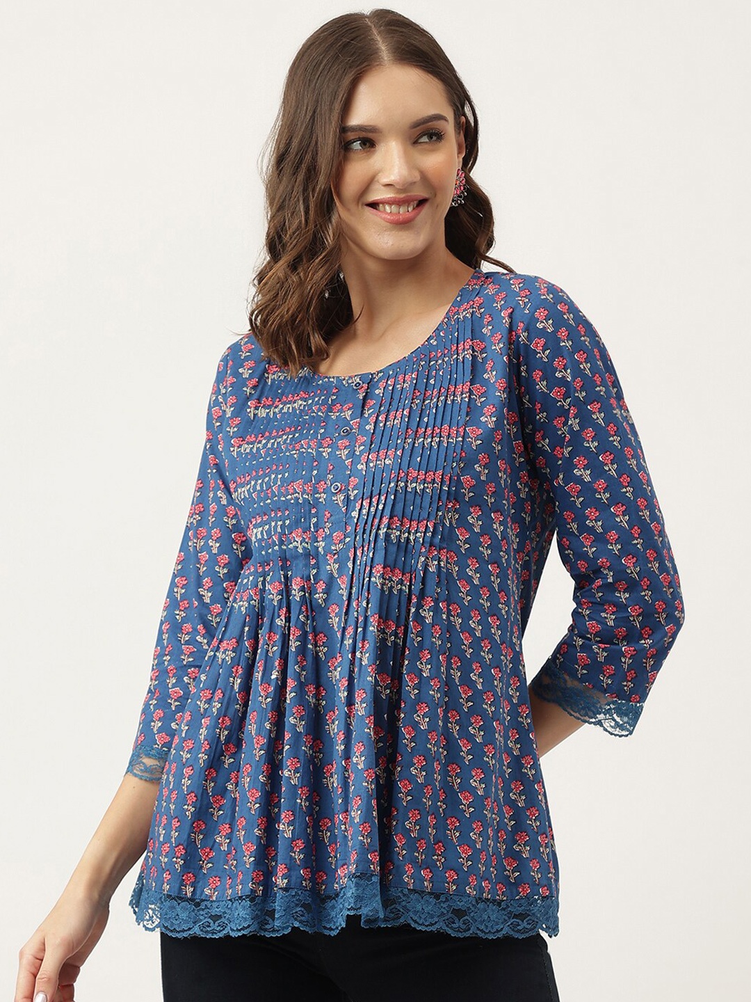 

KALINI Floral Printed Round Neck Pleated Cotton A-Line Top, Blue