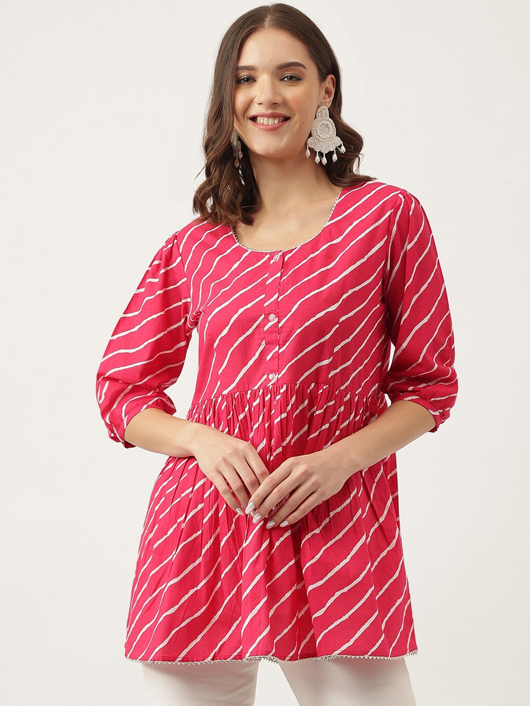 

KALINI Leheriya Printed Round Neck Gathered Cotton A-Line Top, Pink