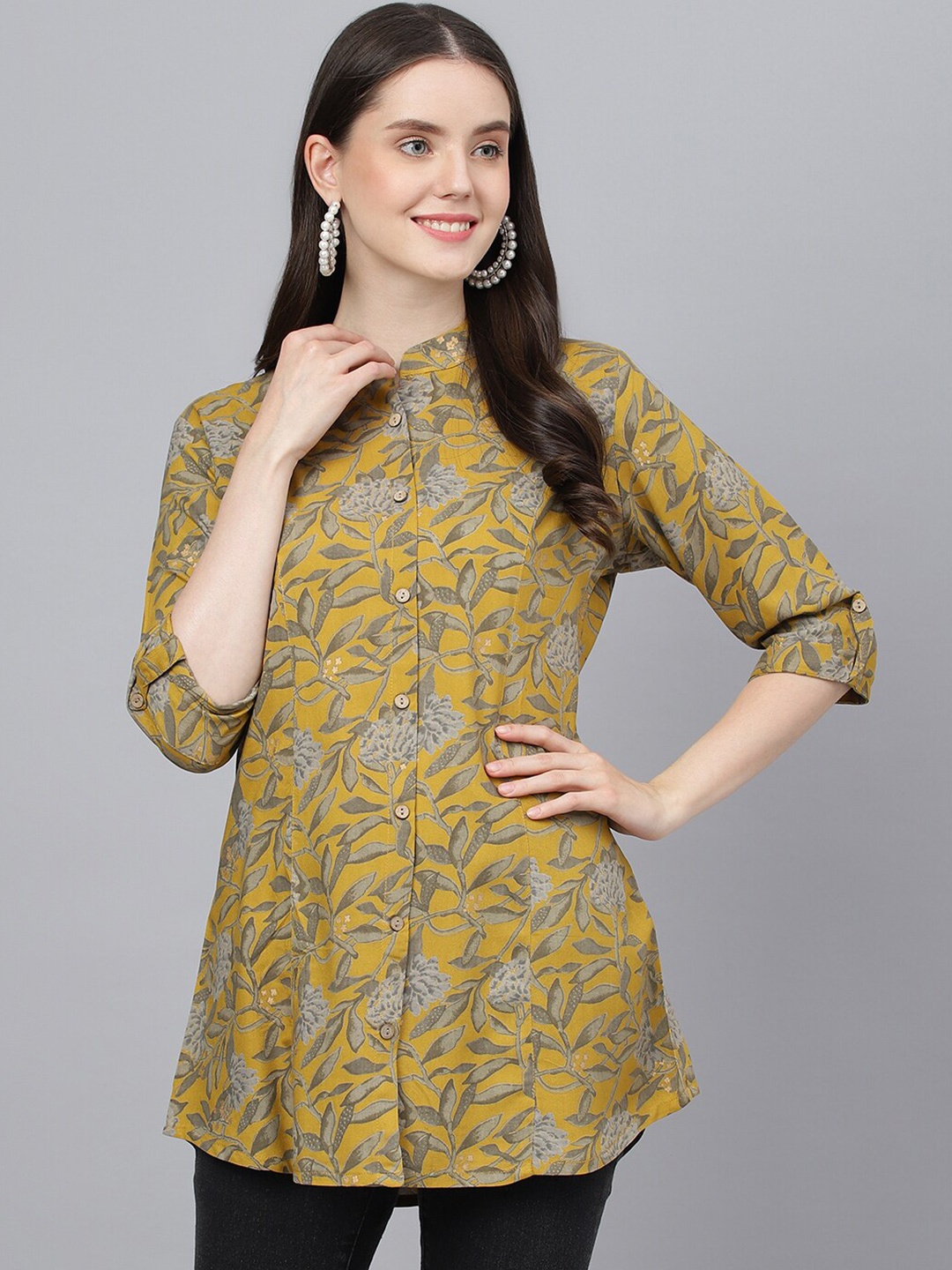 

KALINI Floral Printed Mandarin Collar Roll-Up Sleeves Shirt Style Top, Yellow