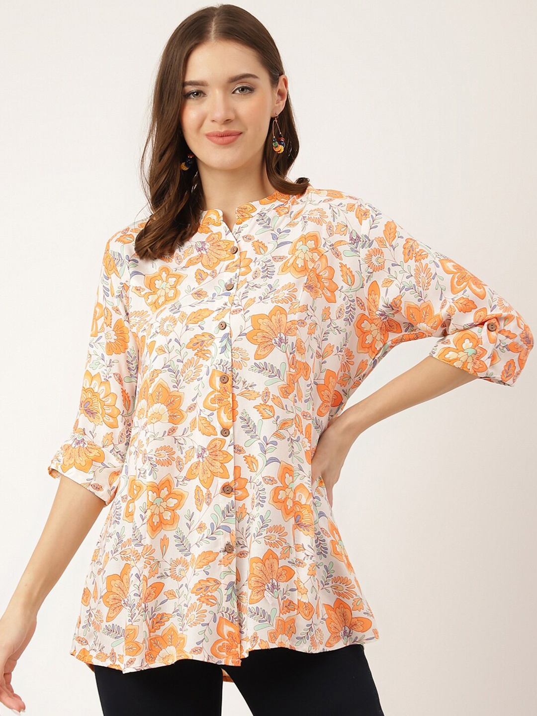 

KALINI Floral Printed Mandarin Collar Roll-Up Sleeves Shirt Style Top, Orange