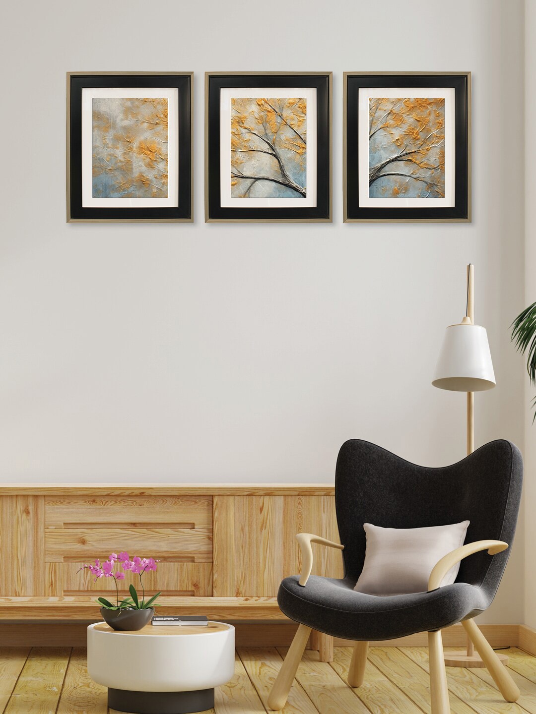 RANDOM Black & Yellow 3 Pieces Abstract Wood Painted Wall Arts