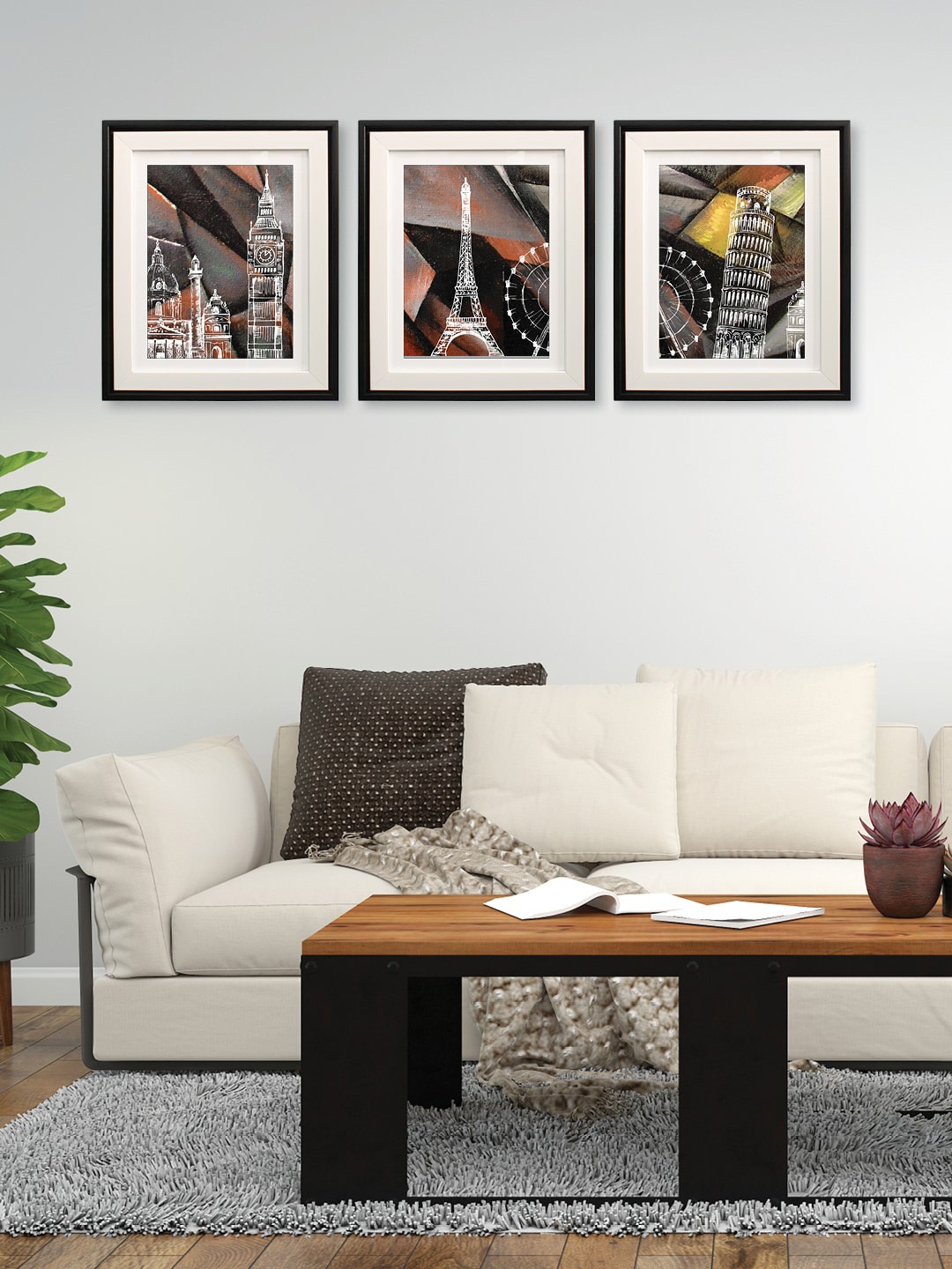 RANDOM Black & White 3 Pieces Clock Tower Wooden Painting Wall Arts