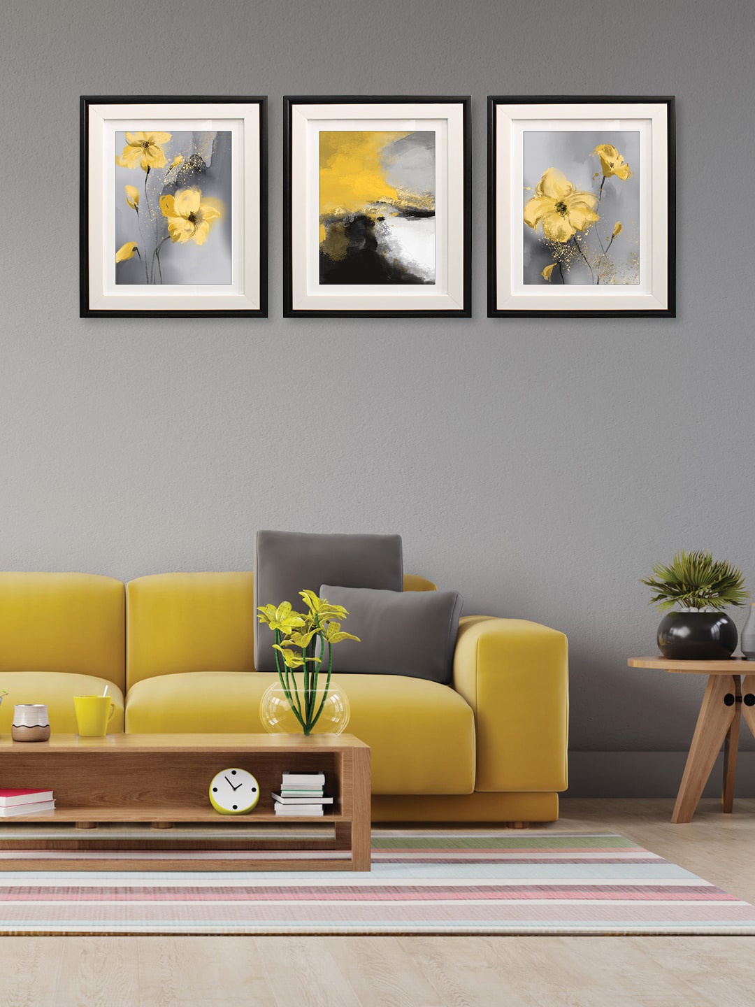 

RANDOM Grey & Yellow 3 Pieces Floral Painting Wall Art Set