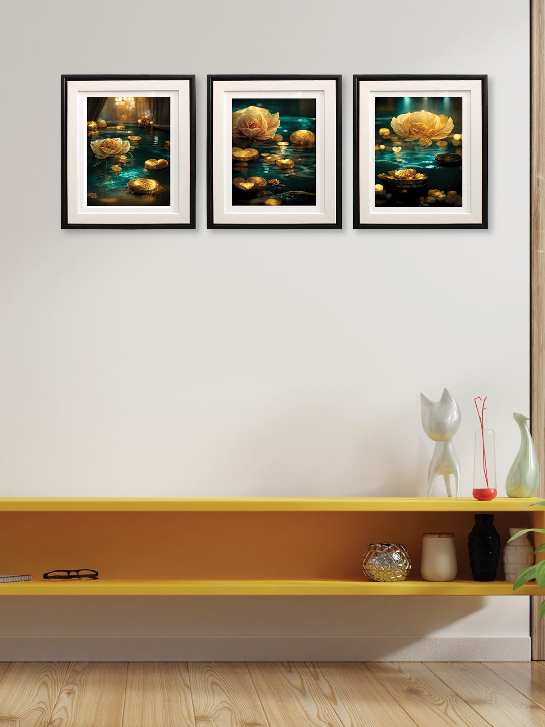 

RANDOM Teal & Yellow 3 Pieces Lotus Printed Wooden Wall Art