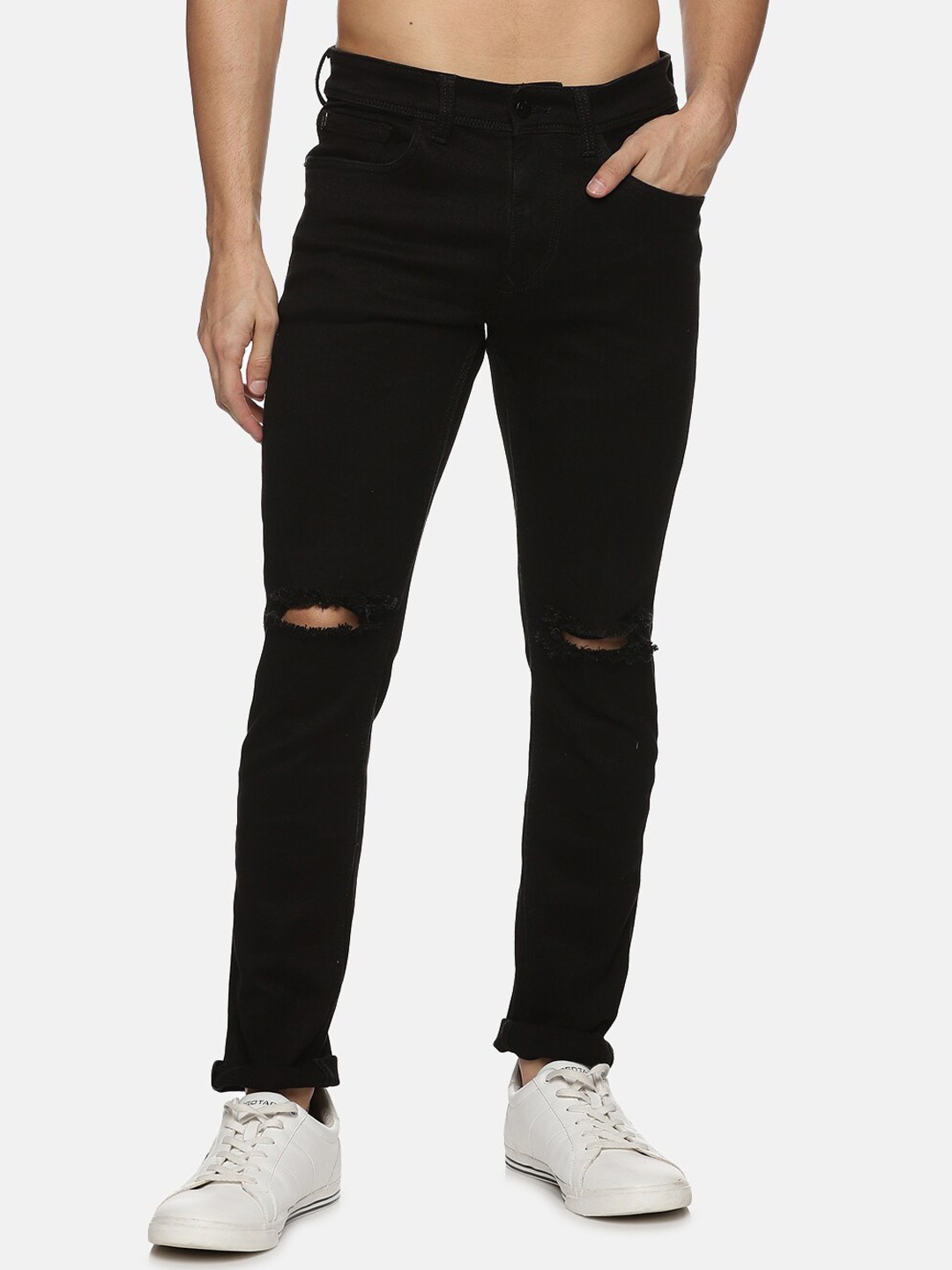 

Old Grey Men Skinny Fit Slash Knee Cotton Jeans, Black