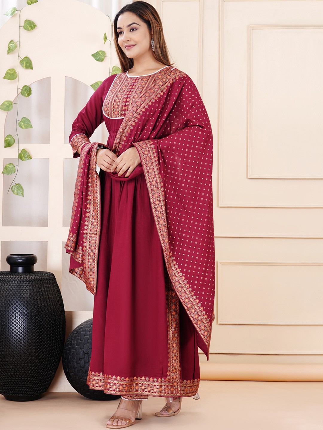 

DK FAB Ethnic Motifs Printed Regular Gotta Patti Kurta With Palazzos & Dupatta, Maroon