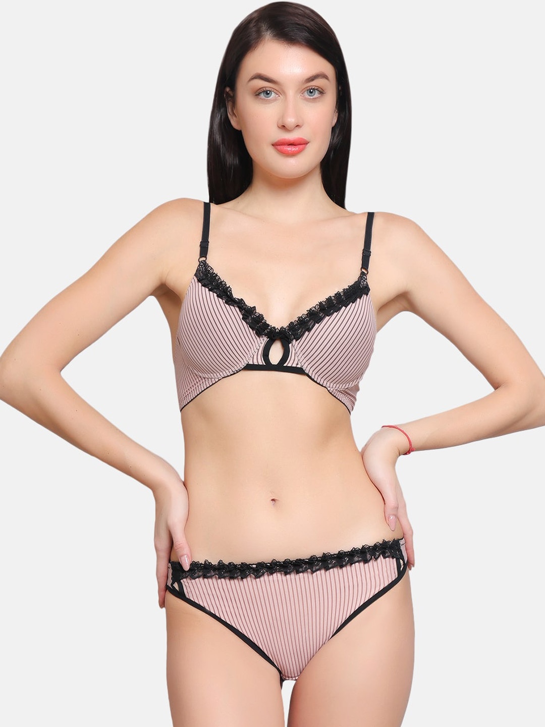 

CURWISH Rib with Sheer Lace Push-up Bra Lingerie Set SEH -01PS, Pink