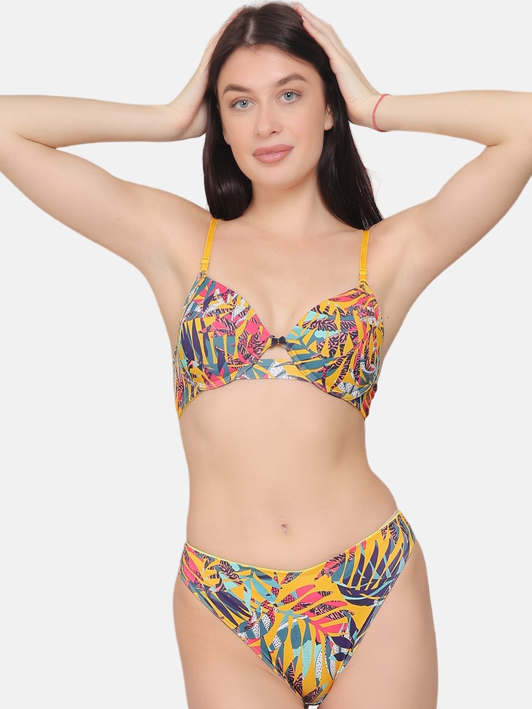 

CURWISH Tropical Printed Mid-Rise Bikini Brief, Yellow