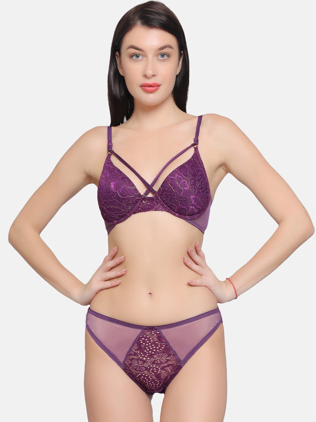 

CURWISH Floral Self Design Mid-Rise Lace Bikini Brief, Purple