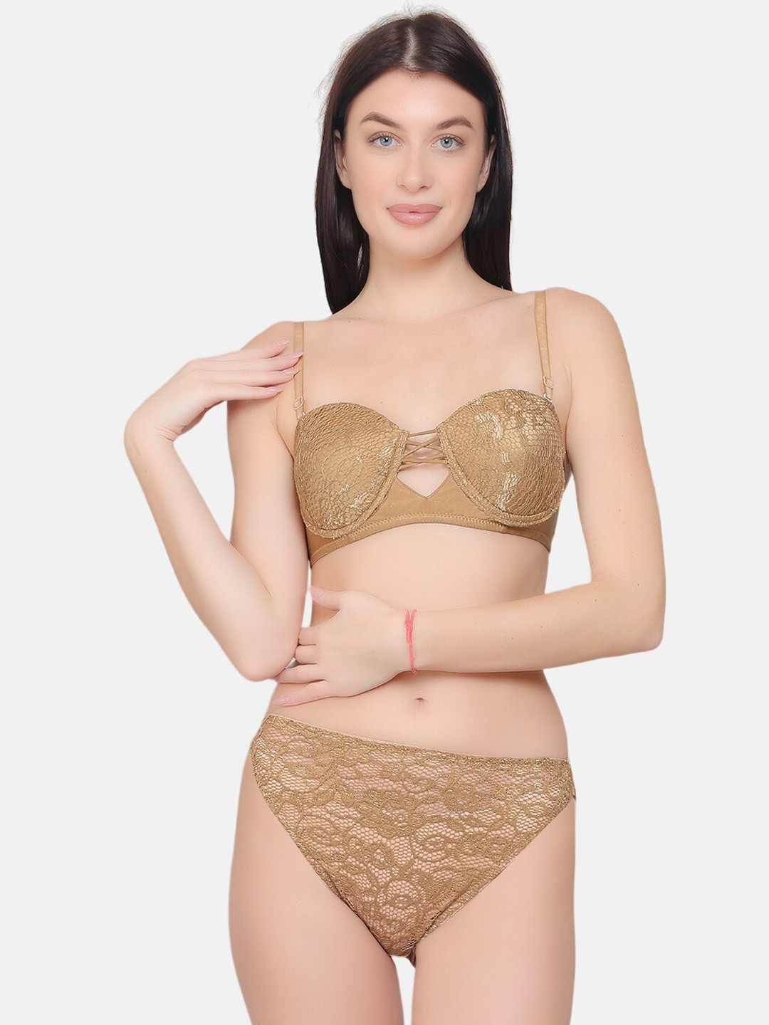

CURWISH Lace Heavily Padded Bikini Lingerie Set, Camel brown