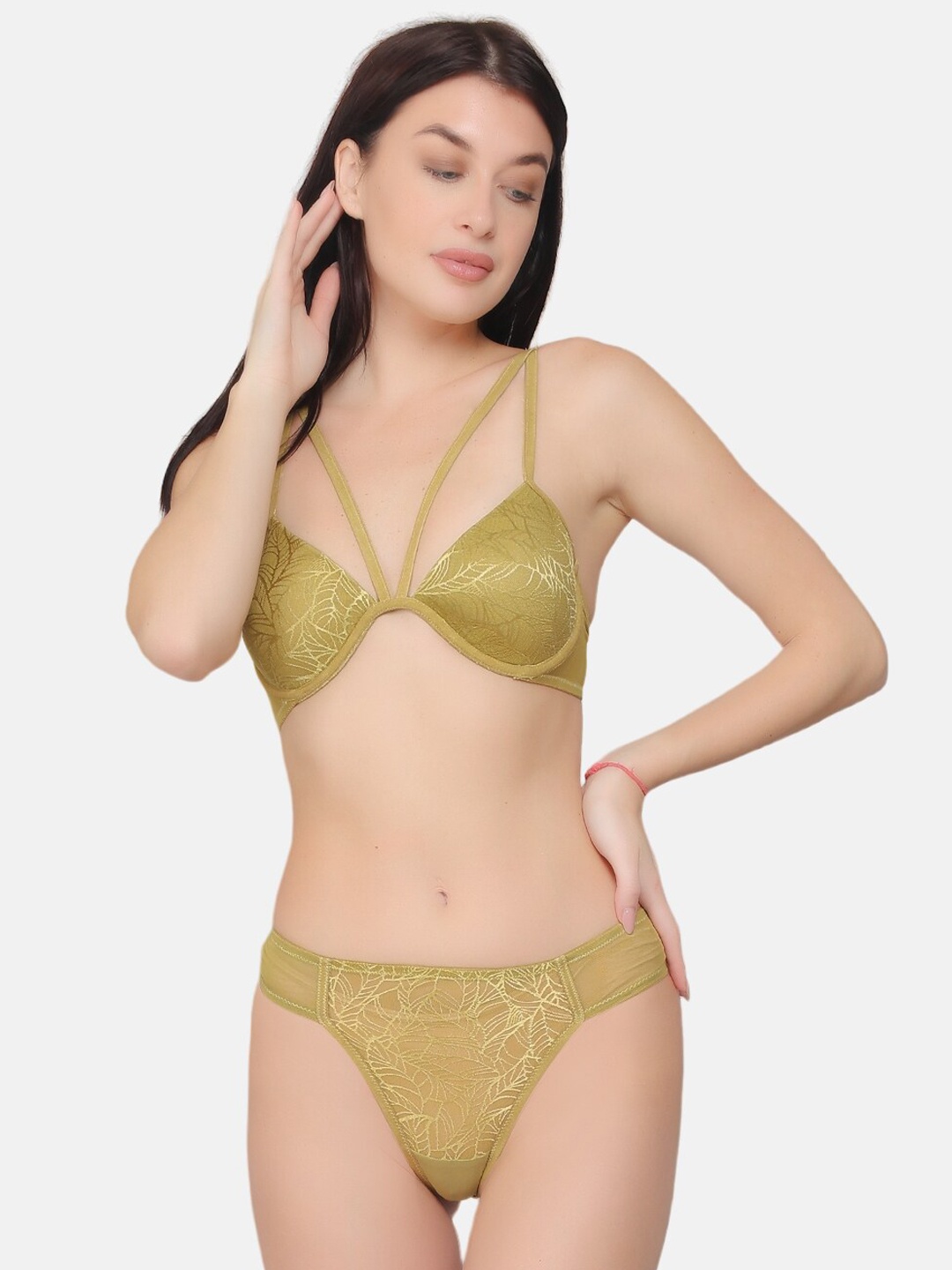 

CURWISH Printed Lace Heavily Padded Bikini Lingerie Set, Olive