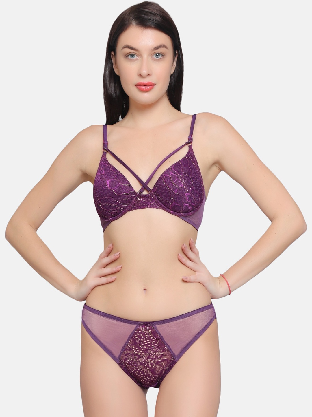 

CURWISH Printed Lace Heavily Padded Push-up Bra Bikini Lingerie Set SLW-01PG, Purple