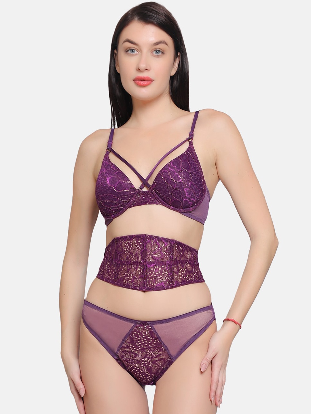 

CURWISH Self Design Lingerie Set With Waspie Corset, Purple