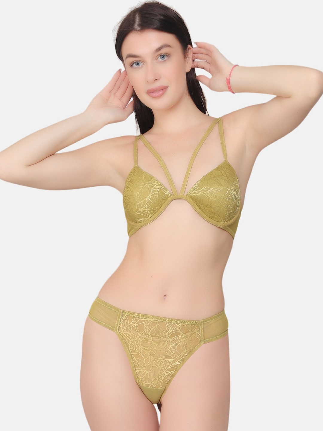 

CURWISH Self Design Push-up Bra Set with Thong, Olive