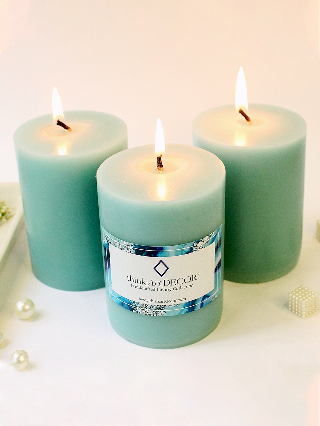 

ThinkArtDecor Turquoise Blue 3 Pieces Smokeless & Dripless Wax Pillar Candles