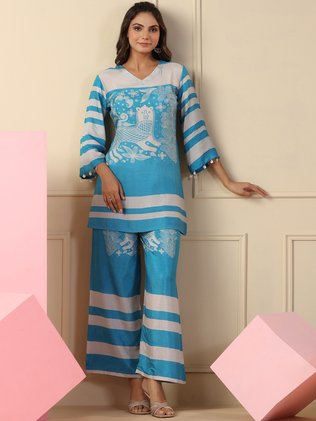 

Readiprint Fashions Printed Silk Longline Top With Palazzos Co-Ords, Blue