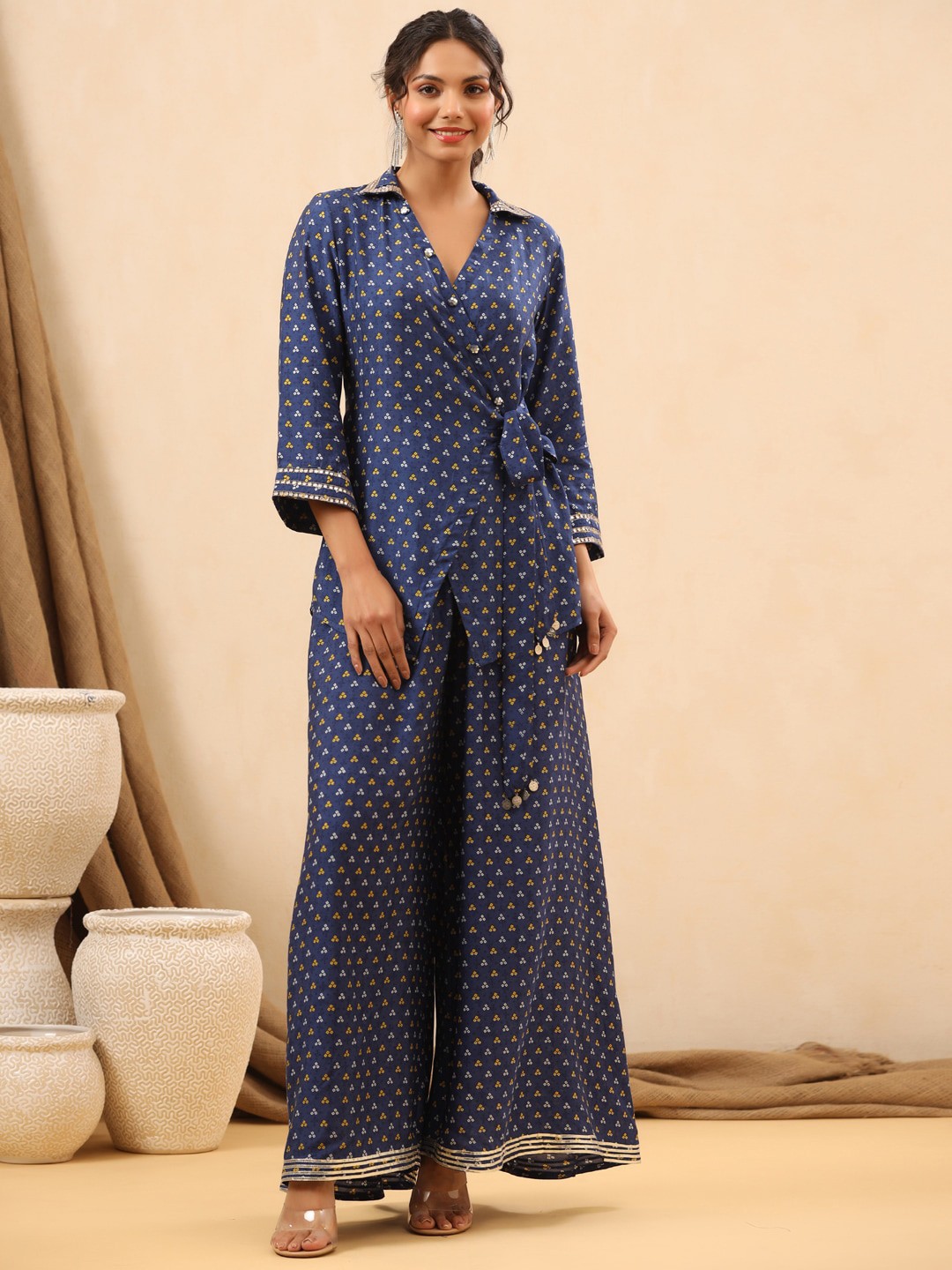 

Readiprint Fashions Printed Pure Silk Shirt Collar Top With Palazzo, Blue
