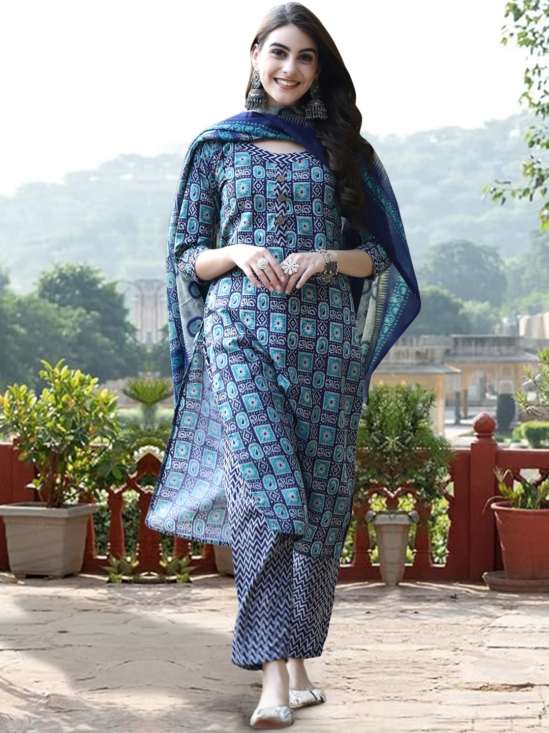 

arangya Ethnic Motif Printed Regular Pure Cotton Kurta With Trousers & Dupatta, Blue