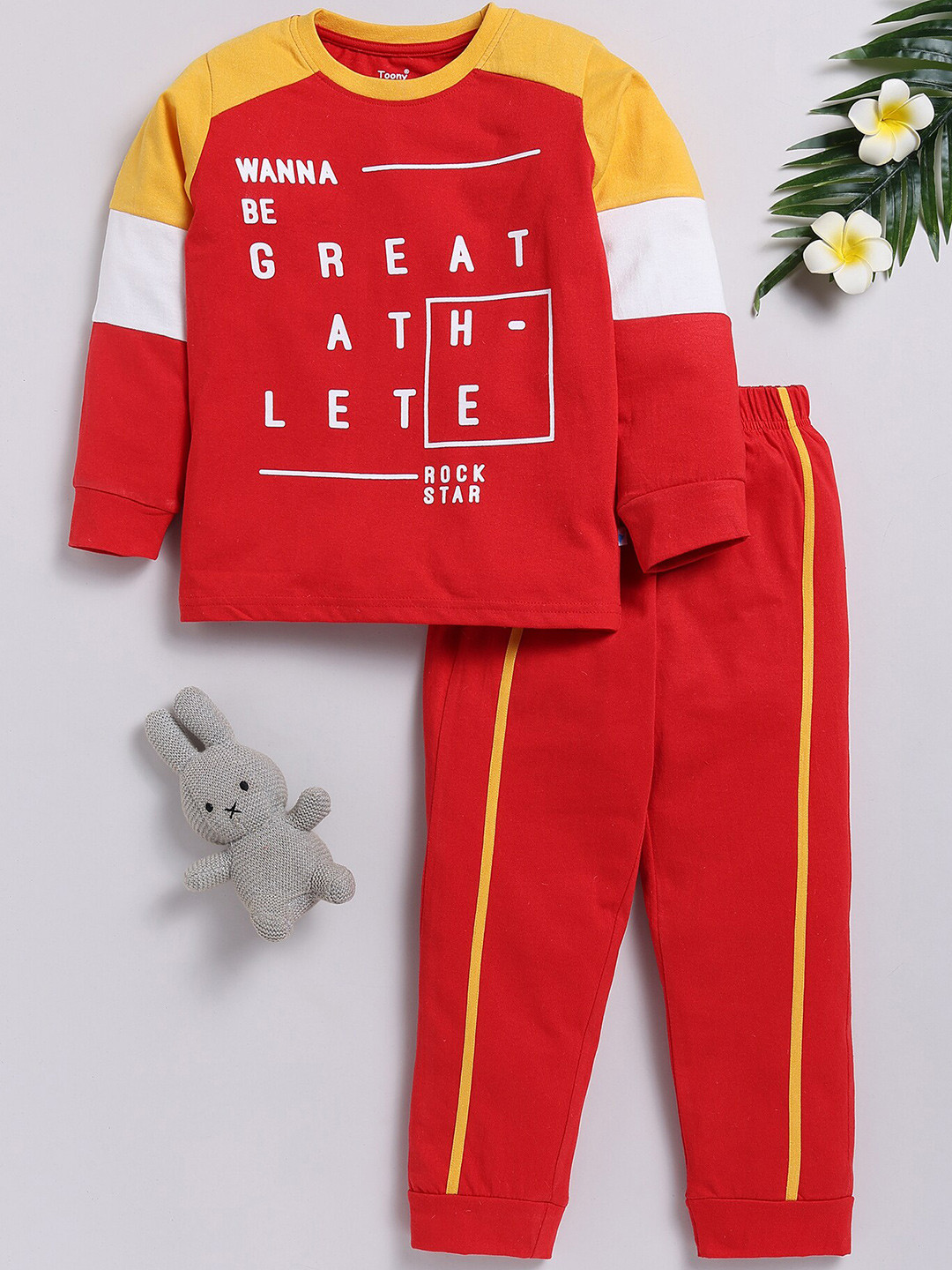 

Toonyport Boys Printed Round Neck Long Sleeves T-shirt with Trousers, Red