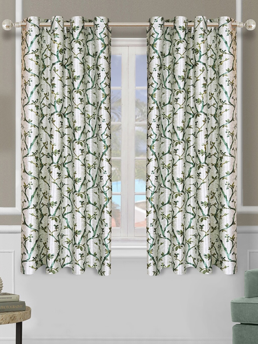 

ROMEE Green & White 2 Pieces Floral Window Curtain