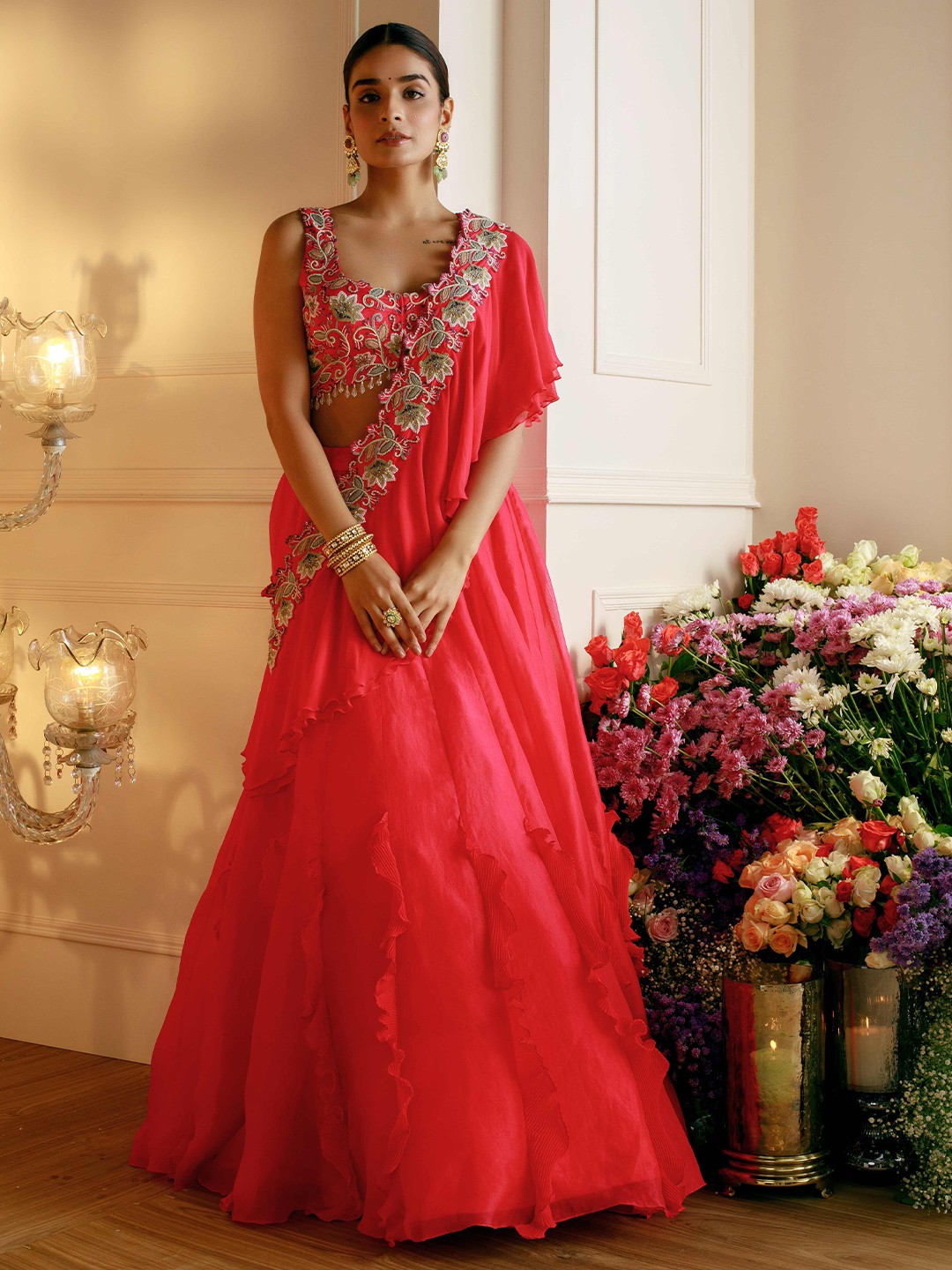 

NEHHA NHATA Embroidered Made to Measure Lehenga & Blouse With Sash Style Dupatta, Red