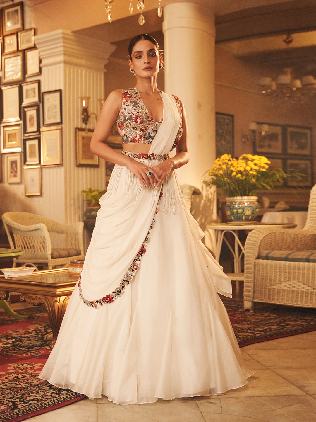 

NEHHA NHATA Embroidered Made to Measure Lehenga & Blouse With Dupatta, Off white