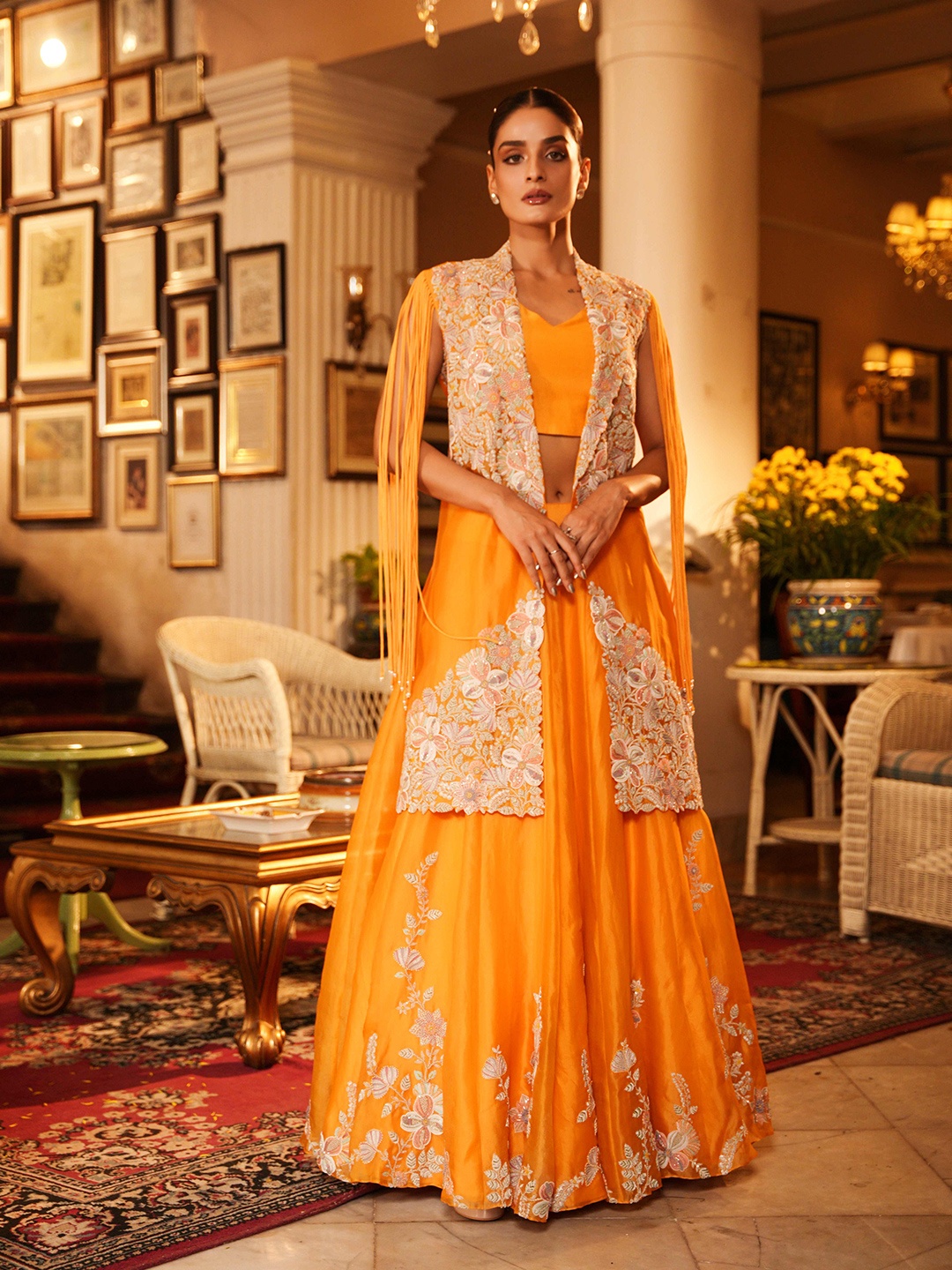 

NEHHA NHATA Embroidered Thread Work Made to Measure Lehenga With Blouse With Jacket, Orange