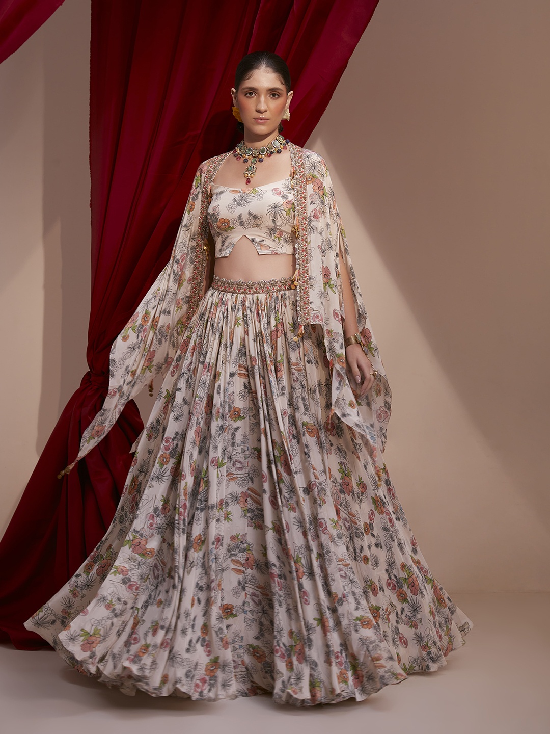 

NEHHA NHATA Floral Printed Thread Work Made to Measure Lehenga & Blouse With Cape, Off white