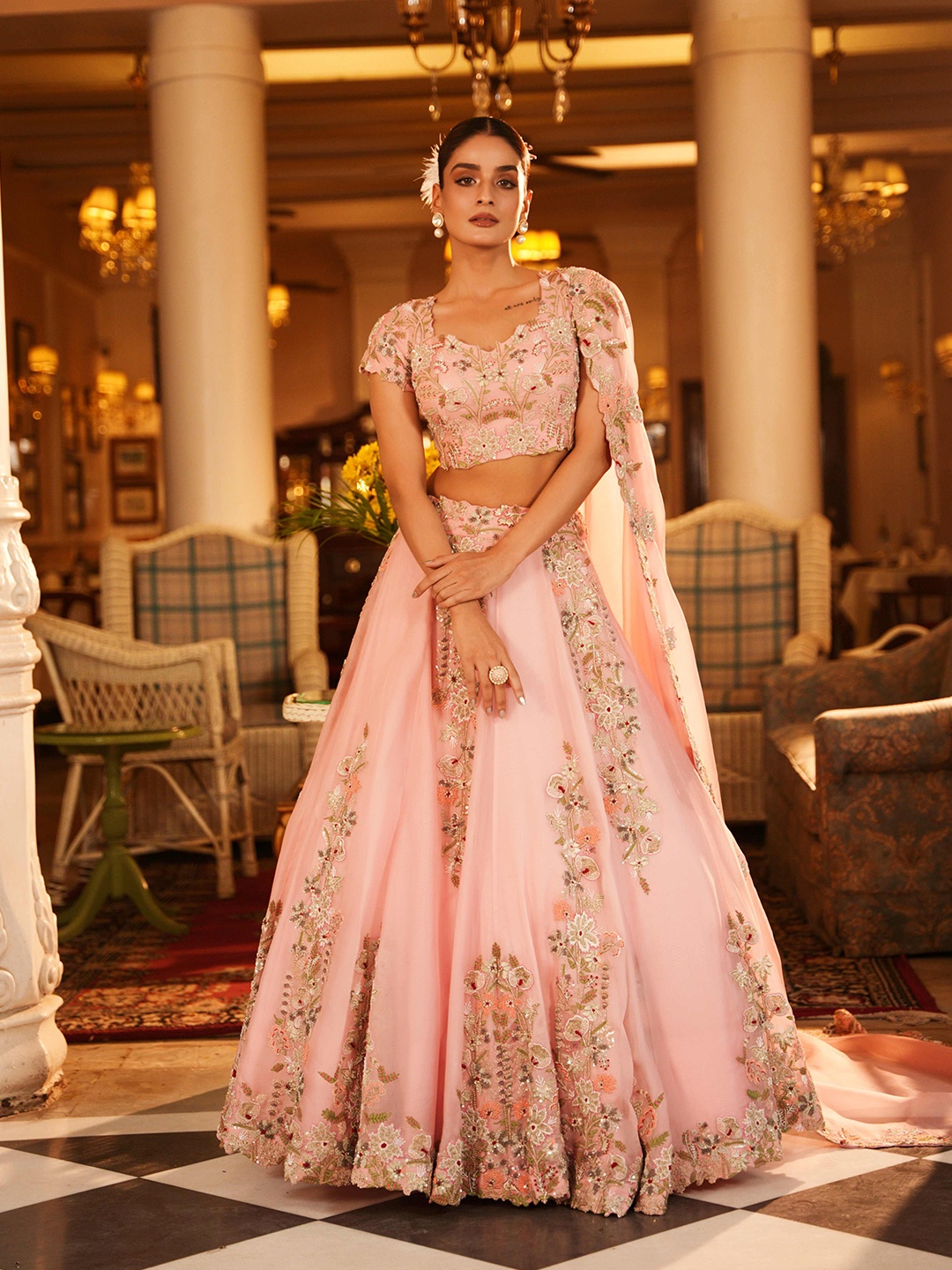 

NEHHA NHATA Embroidered Made to Measure Organza Lehenga & Blouse With Dupatta, Pink