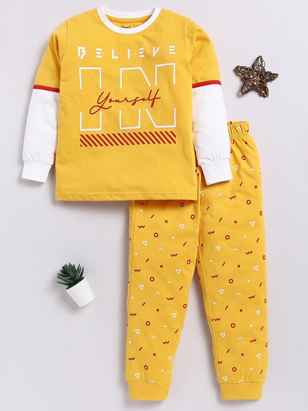 

Toonyport Boys Printed Round Neck Long Sleeves T-shirt with Trousers, Yellow