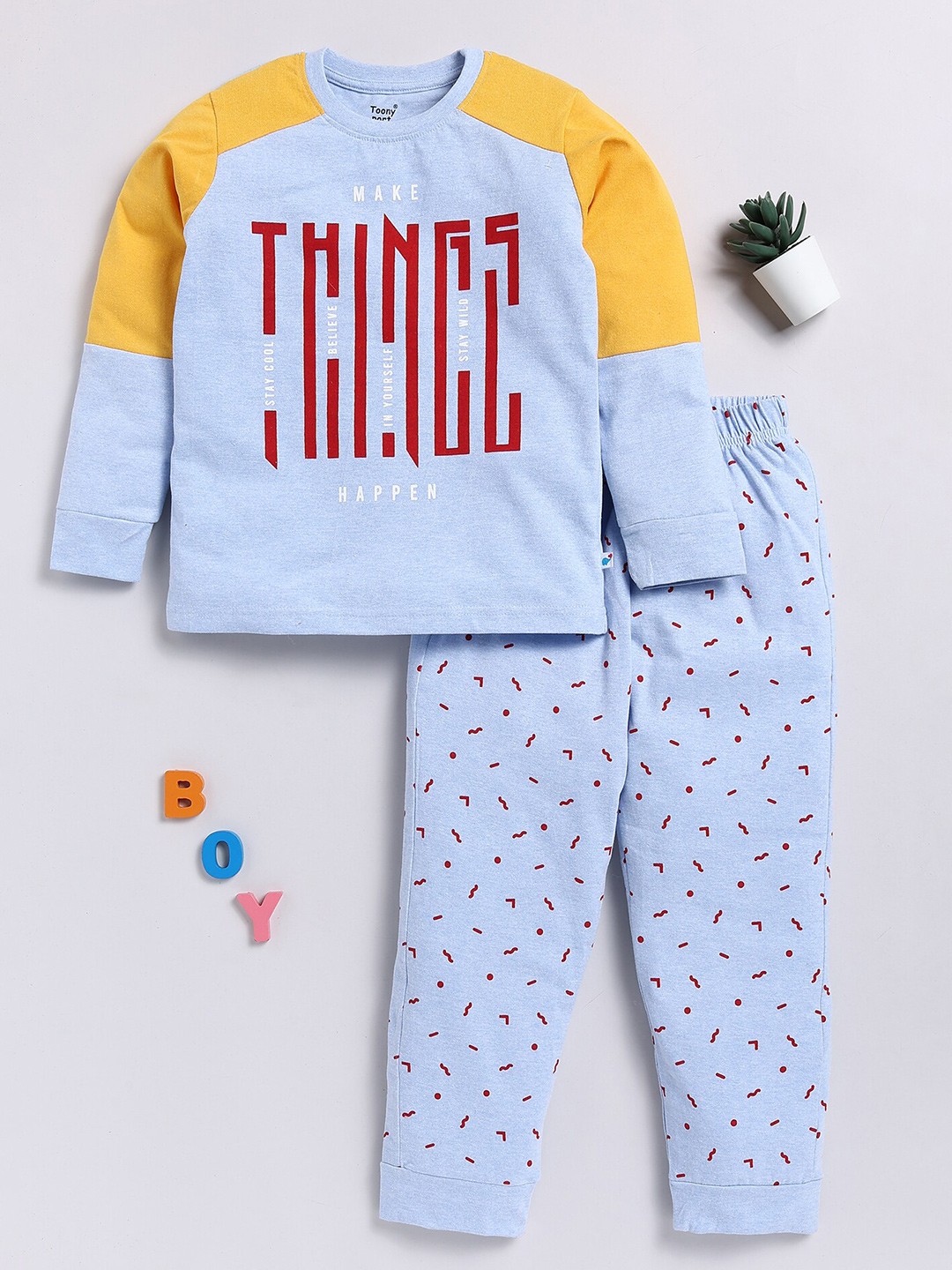 

Toonyport Boys Printed Round Neck Long Sleeves T-shirt with Trousers, Blue