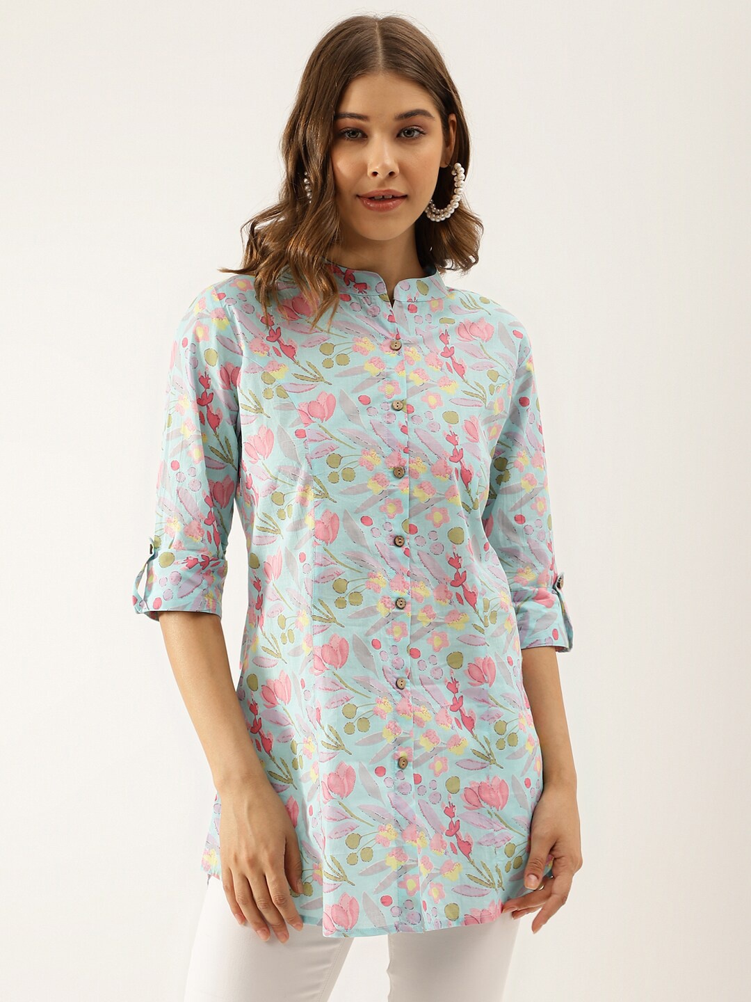 

KALINI Floral Printed Mandarin Collar Cotton Top, Blue