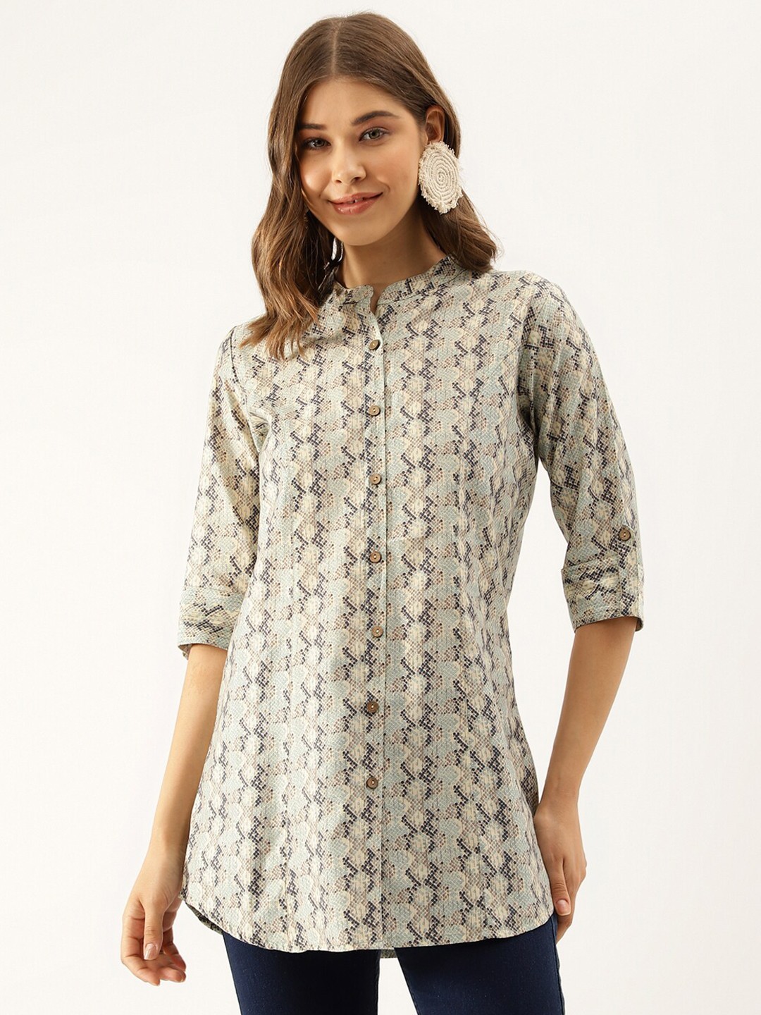 

KALINI Geometric Printed Mandarin Collar Modal Shirt Style Top, Sea green
