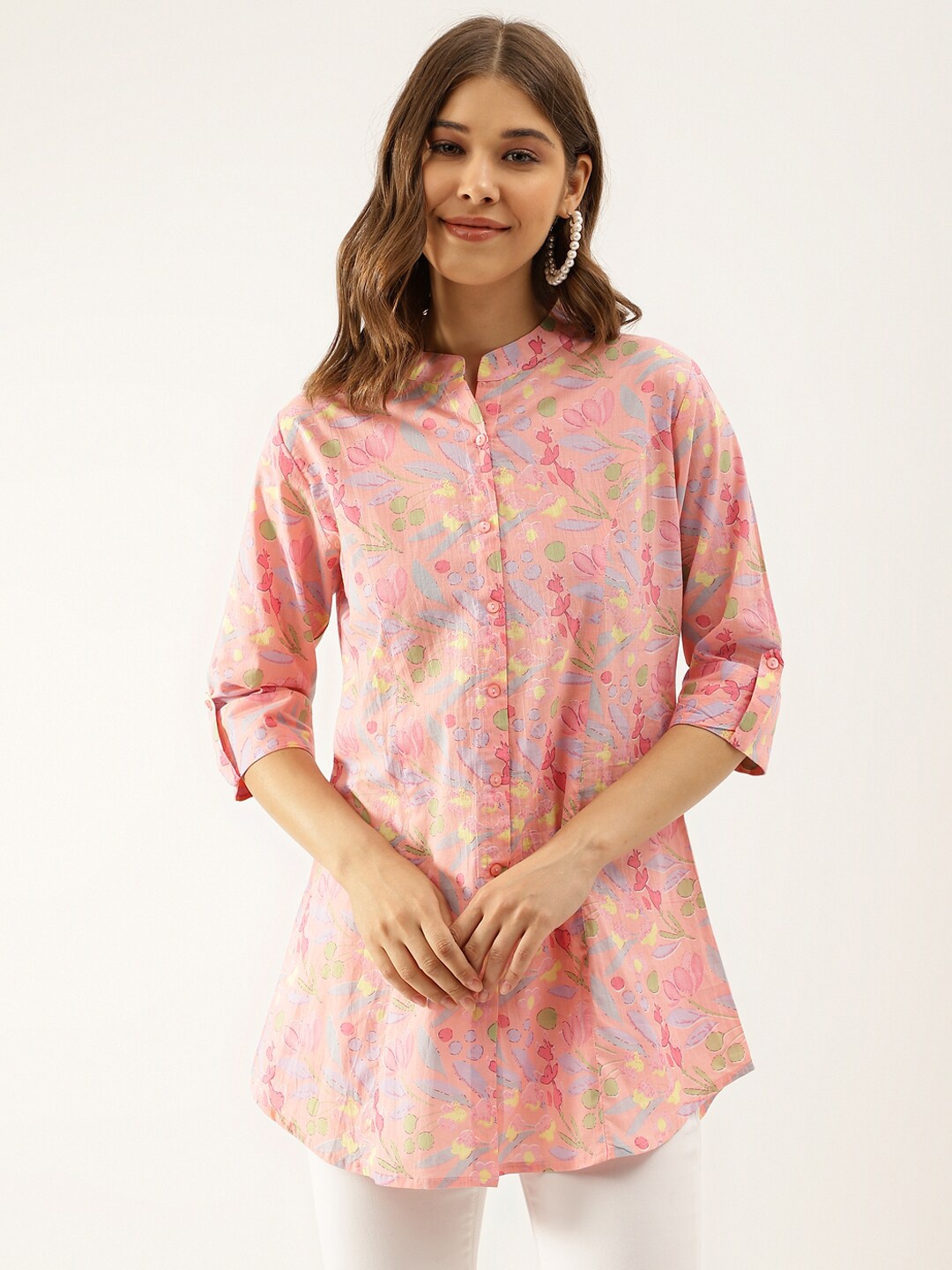 

KALINI Floral Printed Mandarin Collar Cotton A-Line Kurti, Pink